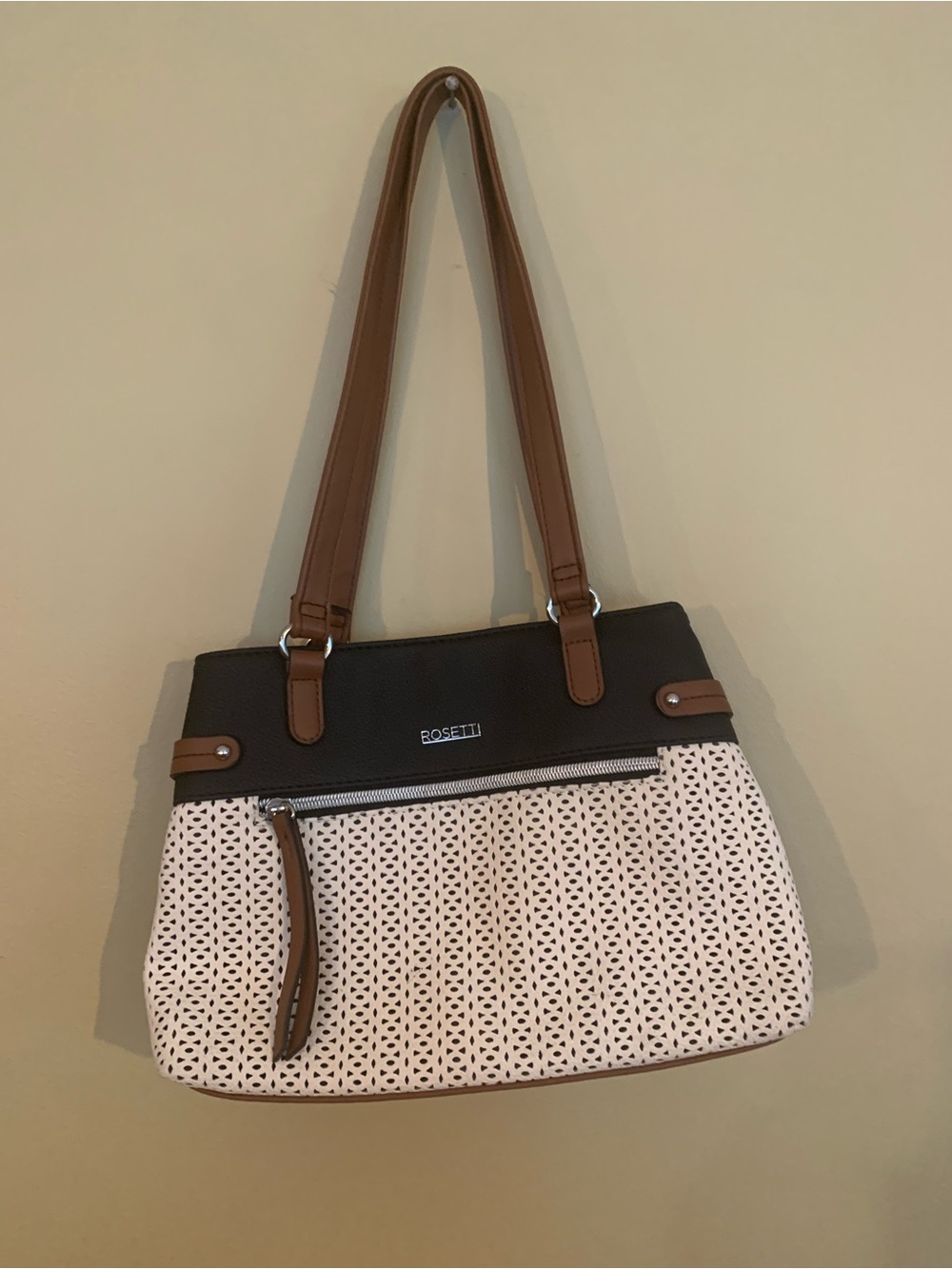 Rosetti White Perforated Shoulder Bag with Brown Trim